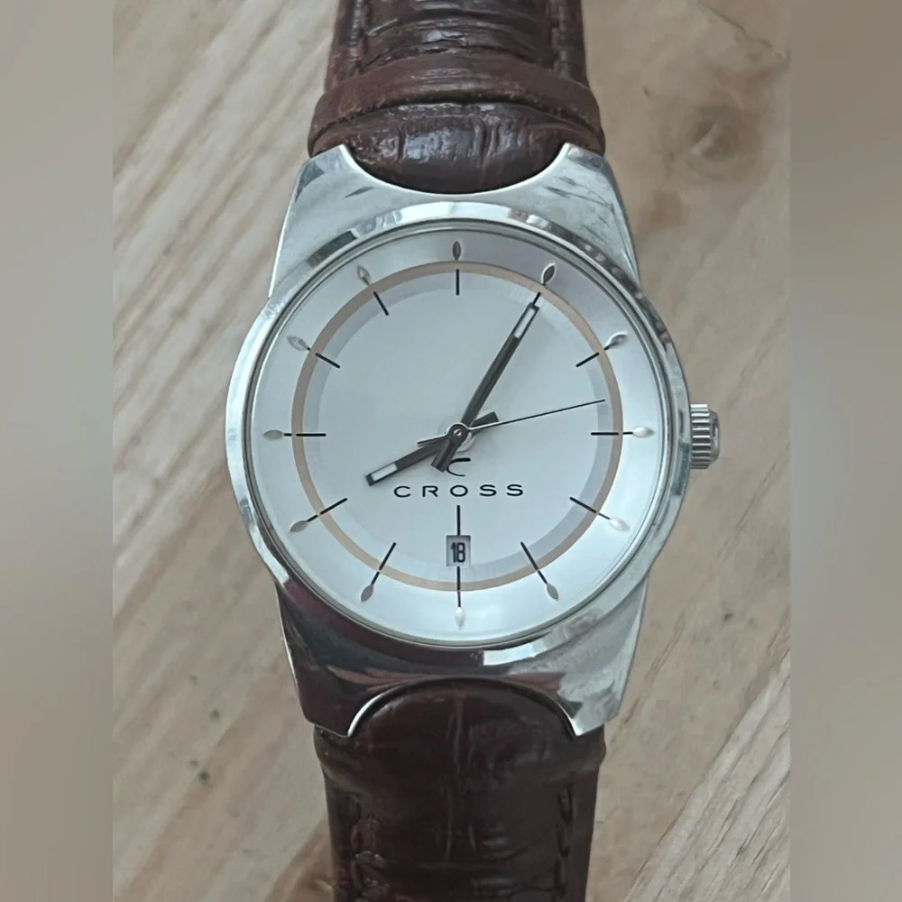 Cross Ladies Watch Beautiful Two-Tone Dial Date Window Brown Leather Strap